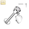 Internally Threaded Bezelled Heart Drop Body Jewellery Stud in 14K White Gold