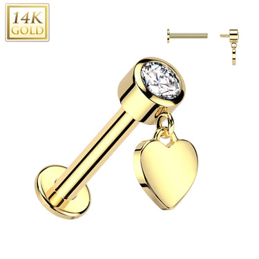 Internally Threaded Bezelled Heart Drop Body Jewellery Stud in 14K Yellow Gold.