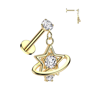 Celestial Halo Star Dangle with Gold Plating. Labret, Monroe, Tragus and Cartilage Earrings.