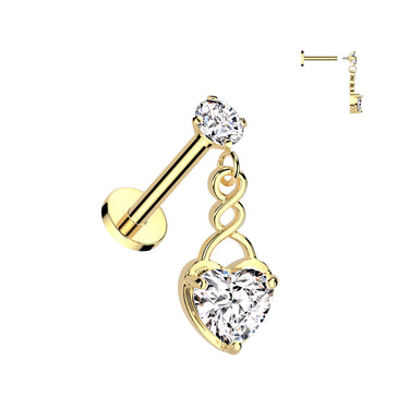 Lovers Entwined Heart Dangle with Gold Plating. Labret, Monroe, Tragus and Cartilage Earrings.