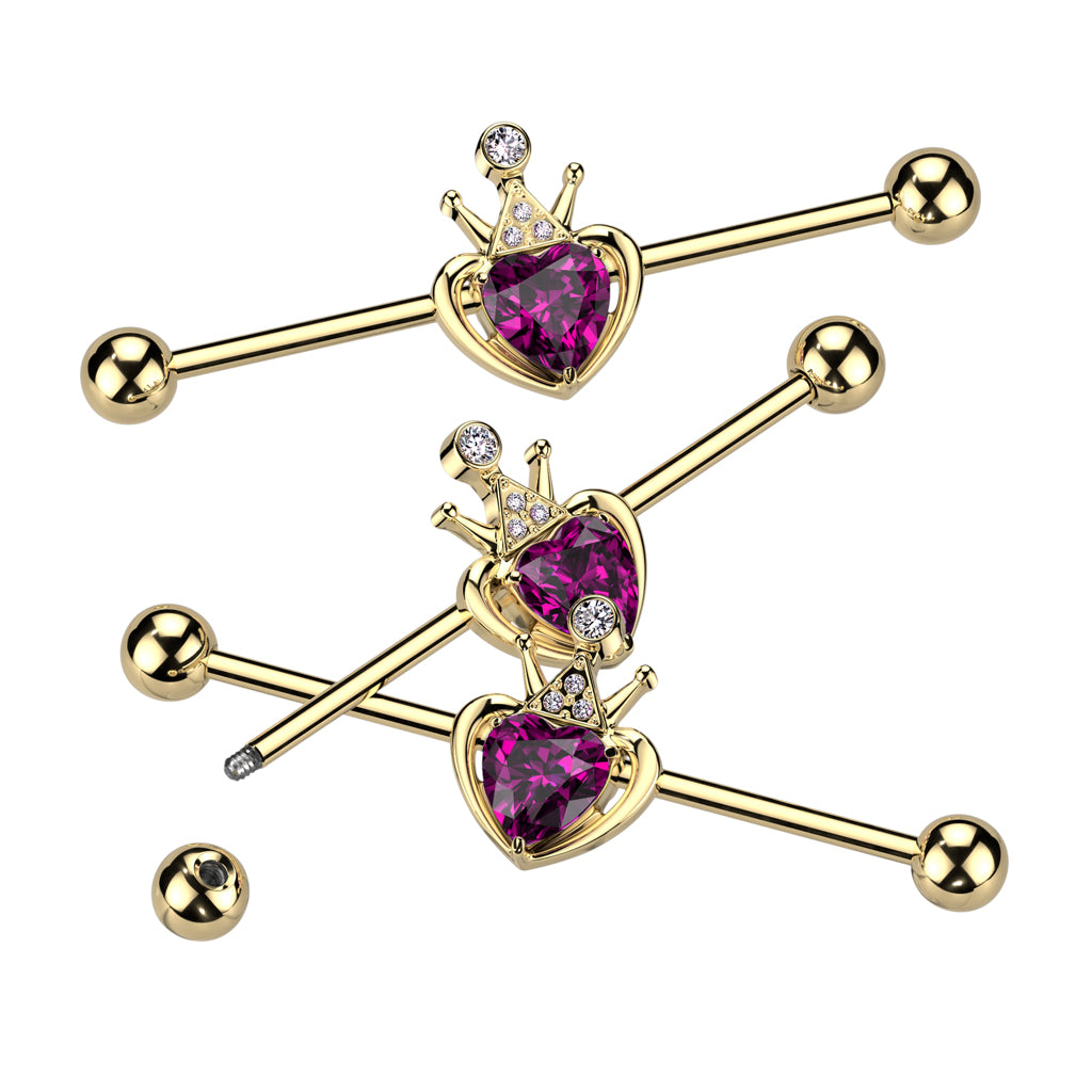 Queen of Hearts Industrial Barbell with Gold Plating