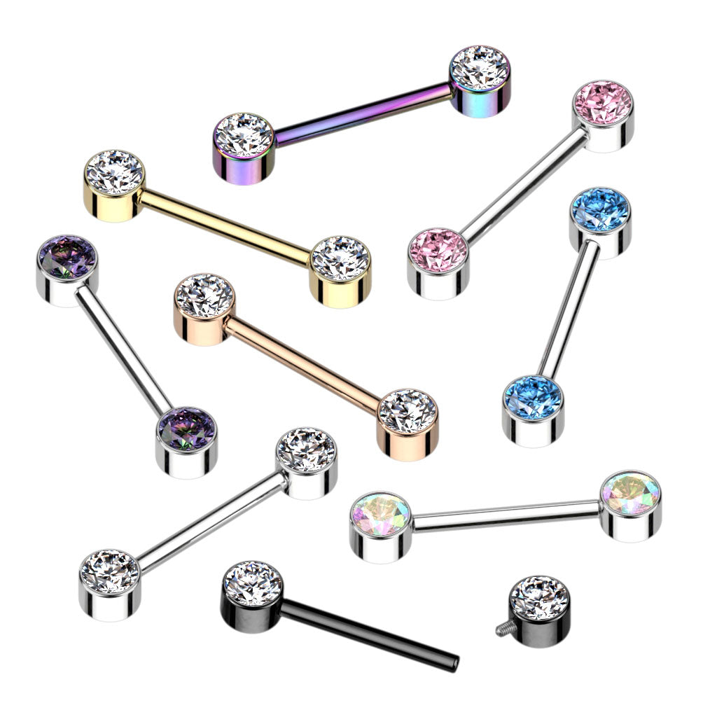 Solid Titanium Internally Threaded Flat Gem Nipple Barbells