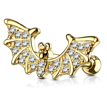 Bat Jewels Threaded Stud with Gold Plating. Compatible with Labret, Tragus, helix or Cartilage Piercings.