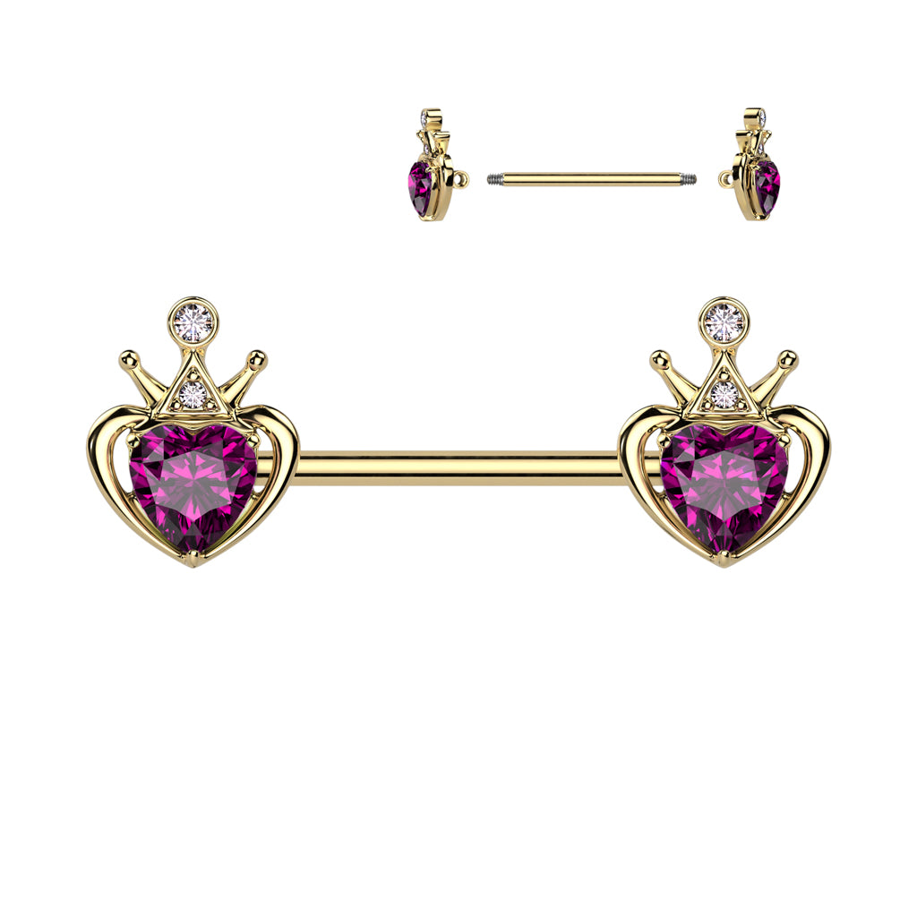 Queens Crowned Heart Nipple Barbell with Gold Plating
