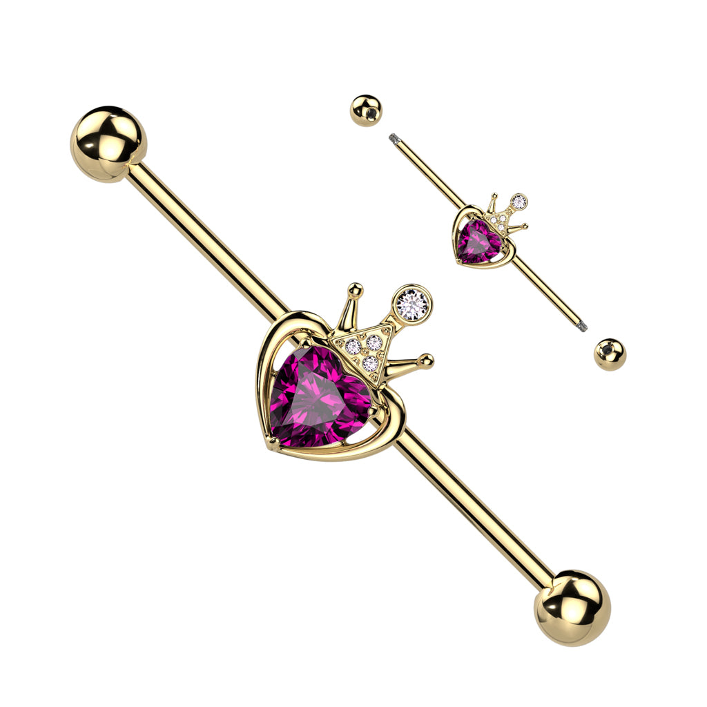 Queen of Hearts Industrial Barbell with Gold Plating