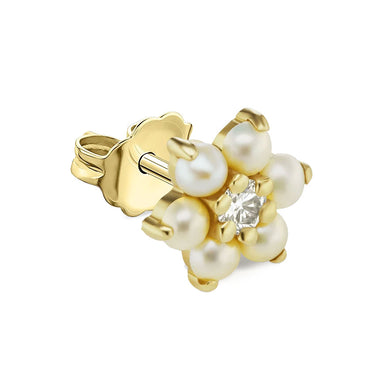 Pearl Flower Diamond Centre Earring by Maria Tash in 14K Gold. Butterfly Stud.