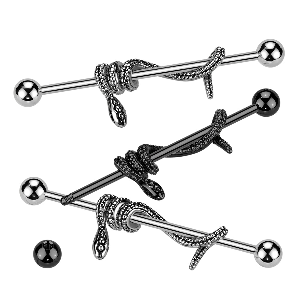 Metallic Black Wrapped Serpent Industrial Barbell