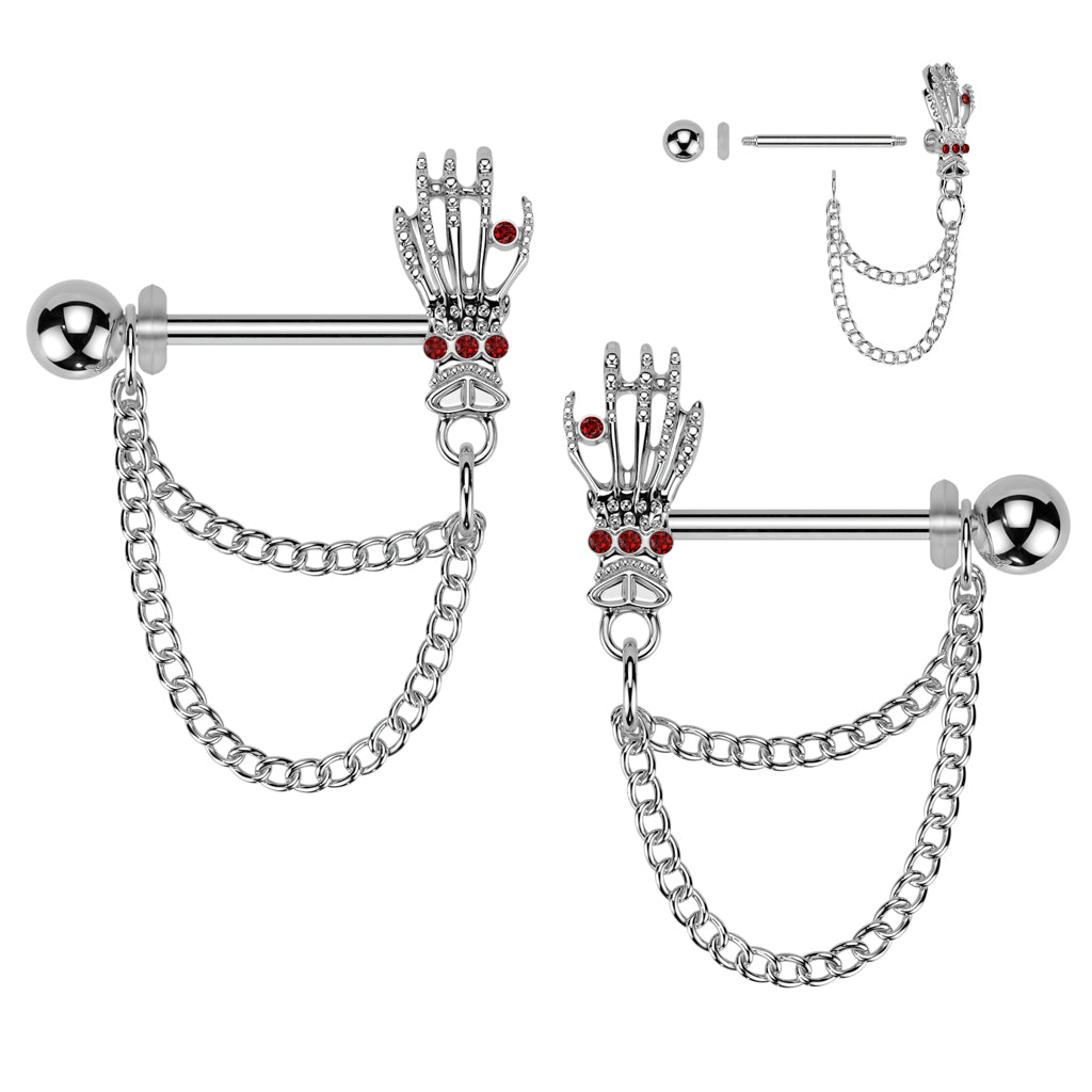 Chained Skeleton Hand Nipple Barbell (PAIR)