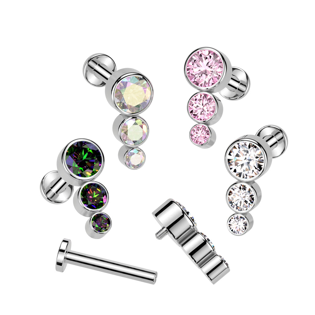 Stacked Trio Internally Threaded Body Jewellery. Labret, Monroe, Tragus and Cartilage Earrings.