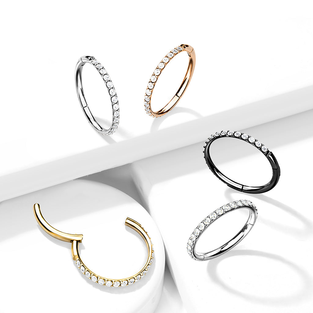 Gold Titanium Seamless Hinged Clicker Hoop with SIDE Gem Pave
