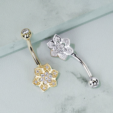 White Gold Belly Rings. 14k White Gold Cz Flower Belly Button Ring 