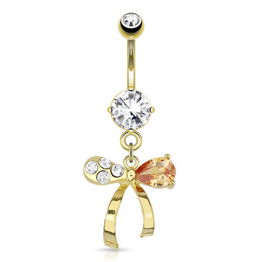 Opalina Bow Dangly Belly Bar with Gold Plating - Dangling Belly Ring. Navel Rings Australia.