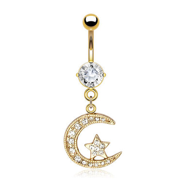 Lunar Crescent Belly Dangle with Gold Plating - Dangling Belly Ring. Navel Rings Australia.