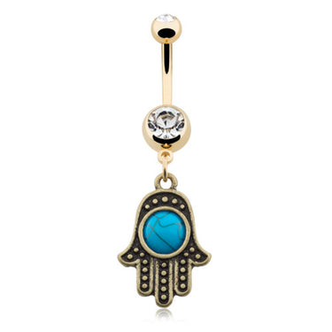 Boho Turquoise Hamsa Navel Ring with Gold Plating - Dangling Belly Ring. Navel Rings Australia.