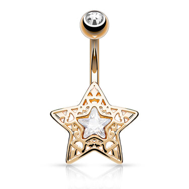 Filigree Crystal Star Belly Bar with Rose Gold Plating - Fixed (non-dangle) Belly Bar. Navel Rings Australia.