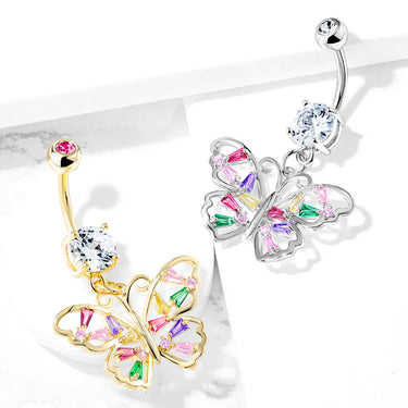 Crystal Stack Butterfly Belly Dangle with Gold Plating - Dangling Belly Ring. Navel Rings Australia.