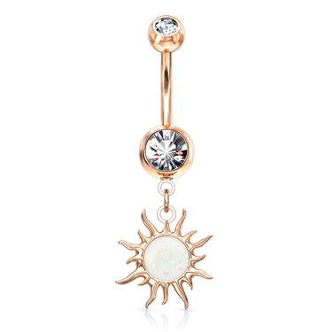 Flaming Opal Sunburst Belly Dangle with Rose Gold Plating - Dangling Belly Ring. Navel Rings Australia.