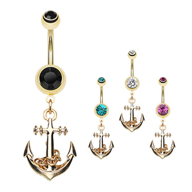 Boating Babes Anchor Belly Bar in Gold - Dangling Belly Ring. Navel Rings Australia.