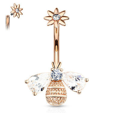 Buzzy Bee Belly Ring with Rose Gold Plating - Fixed (non-dangle) Belly Bar. Navel Rings Australia.