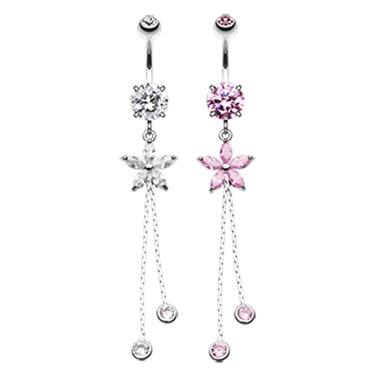 Bezelled Flower Chain Belly Dangle - Dangling Belly Ring. Navel Rings Australia.