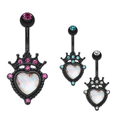 Blackline Crowned Opaline Heart Belly Ring - Fixed (non-dangle) Belly Bar. Navel Rings Australia.