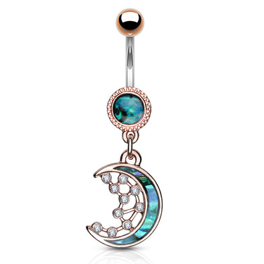 Purusha Sukta Mother of Pearl Inlay Belly Bar with Rose Gold Plating - Dangling Belly Ring. Navel Rings Australia.