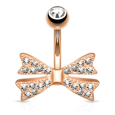 Tiny Bow-Tie Belly Bar with Rose Gold Plating - Fixed (non-dangle) Belly Bar. Navel Rings Australia.