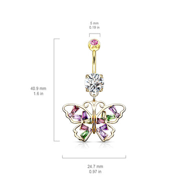 Crystal Stack Butterfly Belly Dangle with Gold Plating - Dangling Belly Ring. Navel Rings Australia.