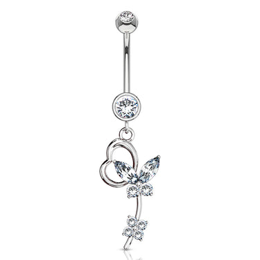 Butterfly Heart Navel Ring in 14K White Gold - Dangling Belly Ring. Navel Rings Australia.