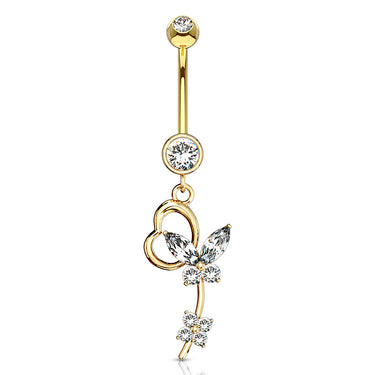 Butterfly Heart Navel Ring in 14K Yellow Gold - Dangling Belly Ring. Navel Rings Australia.