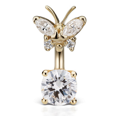 Maria Tash Butterfly Topped Solitaire Belly Ring in 14K Yellow Gold - Fixed (non-dangle) Belly Bar. Navel Rings Australia.