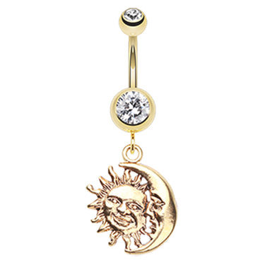 Classic Sun & Moon Belly Dangle in Gold - Dangling Belly Ring. Navel Rings Australia.