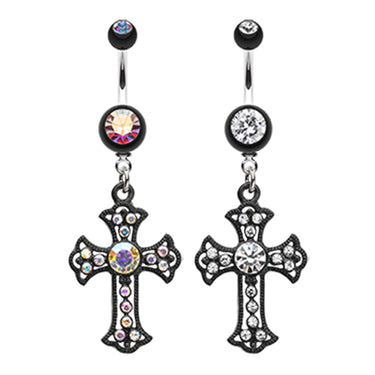 Scattered Jewelled Cross Belly Dangle - Dangling Belly Ring. Navel Rings Australia.