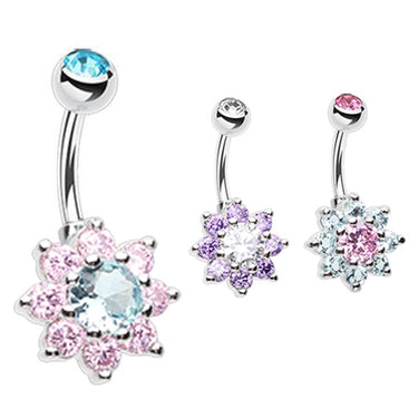 Pastel Crystal Flower Belly Rings - Fixed (non-dangle) Belly Bar. Navel Rings Australia.