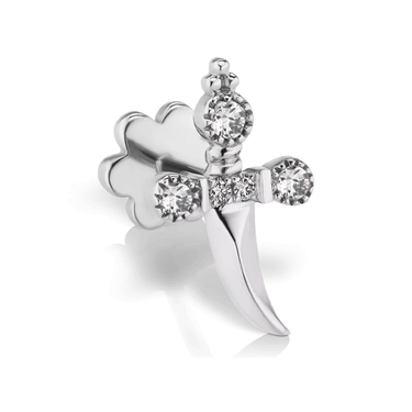 Diamond Trinity Hilt Dagger Threaded Stud by Maria Tash in 14K White Gold. Flat Stud.