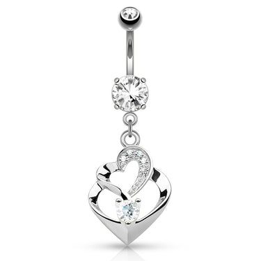 Duo Heart Navel Bar in 14K White Gold - Dangling Belly Ring. Navel Rings Australia.