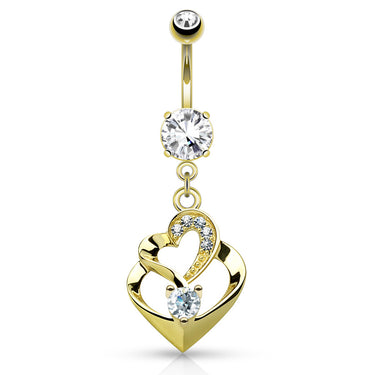 Duo Heart Belly Bar in 14K Gold - Dangling Belly Ring. Navel Rings Australia.