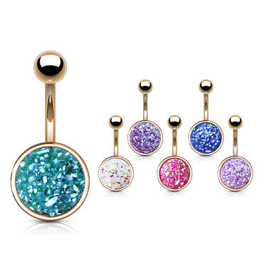 Druzy Resin Bezel Cup Belly Bars with Rose Gold Plating - Basic Curved Barbell. Navel Rings Australia.