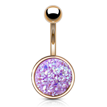 Druzy Resin Bezel Cup Belly Bars with Rose Gold Plating - Basic Curved Barbell. Navel Rings Australia.