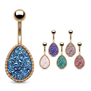 Drippin' Druzy Resin Teardrop Belly Bar with Rose Gold Plating - Basic Curved Barbell. Navel Rings Australia.