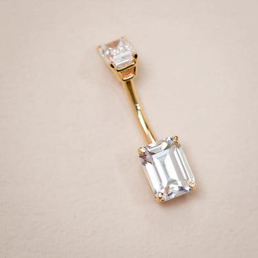 14K Yellow Gold Emerald Cut Belly Rings - Basic Curved Barbell. Navel Rings Australia.