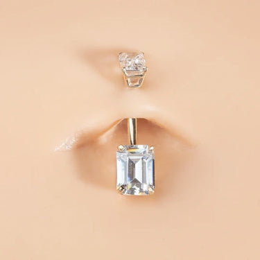 14K White Gold Emerald Cut Belly Rings - Basic Curved Barbell. Navel Rings Australia.