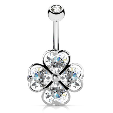 Crystal Clover Navel Bar - Fixed (non-dangle) Belly Bar. Navel Rings Australia.