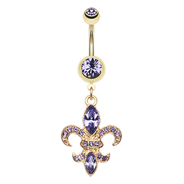 Fleur De Lis Navel Bar in Yellow Gold - Dangling Belly Ring. Navel Rings Australia.