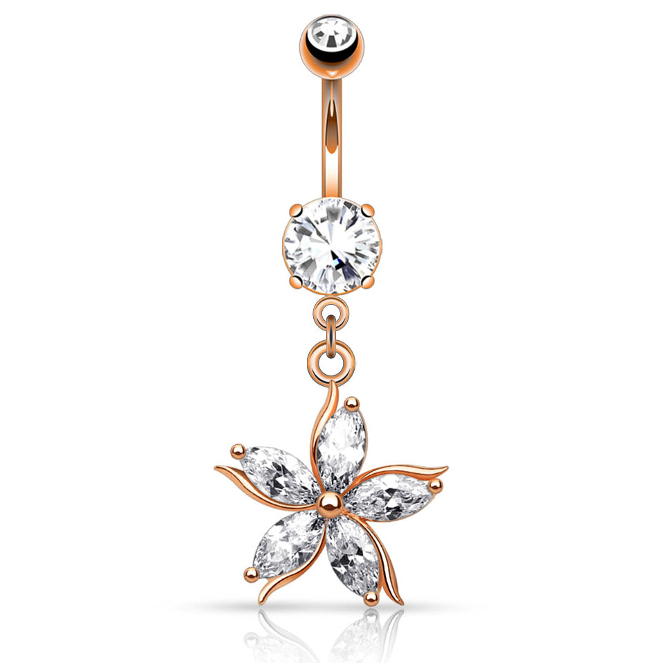Antoinetta Daisy Petal Belly Ring with Rose Gold Plating - Dangling Belly Ring. Navel Rings Australia.