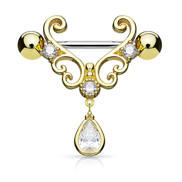 Magdalena's Filigree Teardrop Nipple Barbell with Gold Plating - Nipple Ring. Navel Rings Australia.