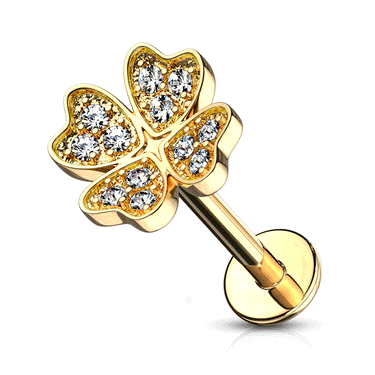 Lucky Clover Body Jewellery with Gold Plating. Labret, Monroe, Tragus and Cartilage Earrings.