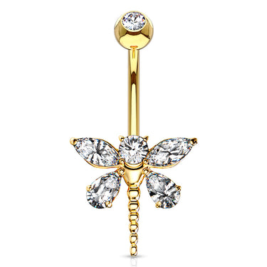 Marquise Dragonfly Belly Bar in 14K Gold - Fixed (non-dangle) Belly Bar. Navel Rings Australia.