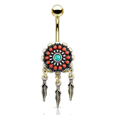 Beaded Nevajo Dream Catcher Belly Ring in Gold - Dangling Belly Ring. Navel Rings Australia.