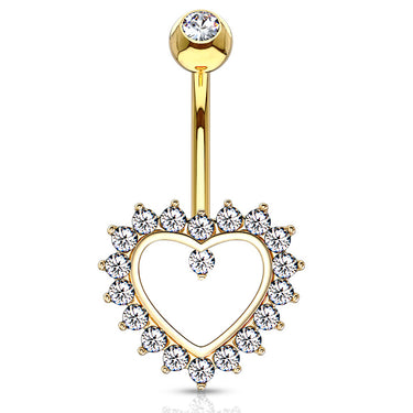 Taji Paved Heart Belly Ring in 14K Gold - Fixed (non-dangle) Belly Bar. Navel Rings Australia.